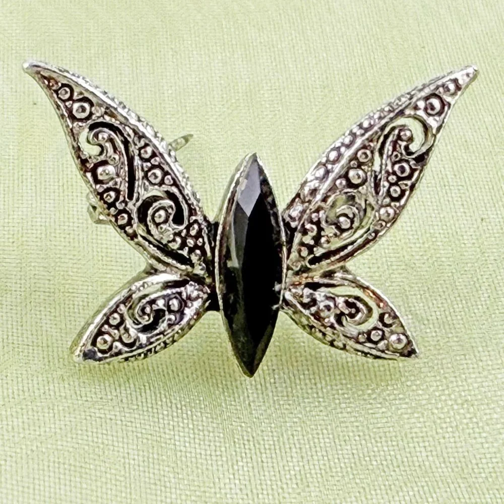 Vintage Silver Tone Filigree Butterfly Pin Brooch with Black Marquise Stone